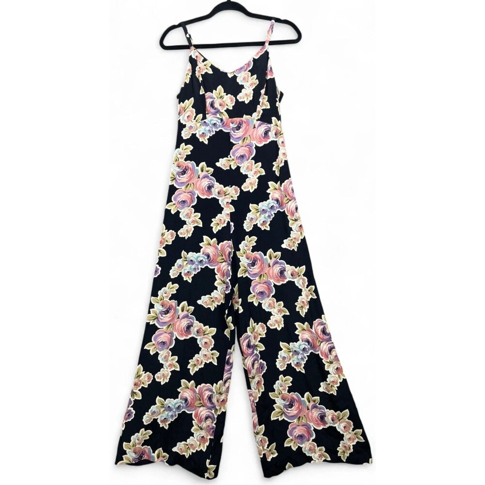 Vintage Betsey Johnson Jumpsuit Womens S Black Floral Wide Leg Rose Print 90s